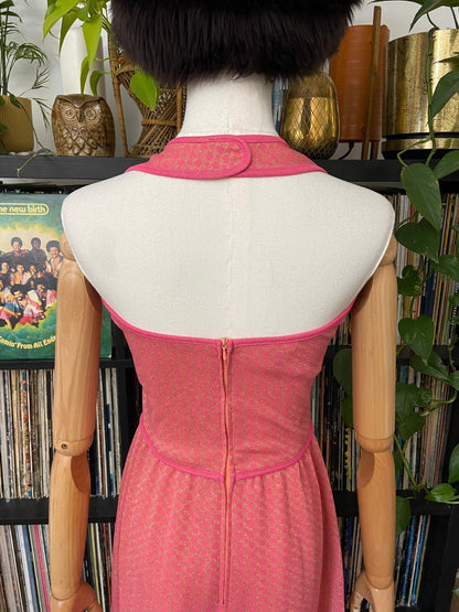 Vintage 1970s Pink & Gold Maxi Halterneck Dress