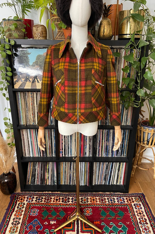 Vintage 1970s Brown & Red Plaid Cropped Jacket
