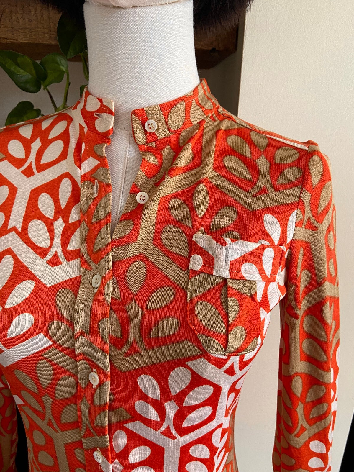 Vintage 1970s Orange & Beige Collarless Shirt