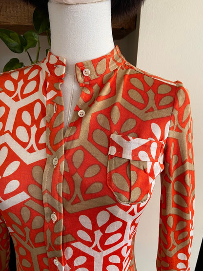 Vintage 1970s Orange & Beige Collarless Shirt