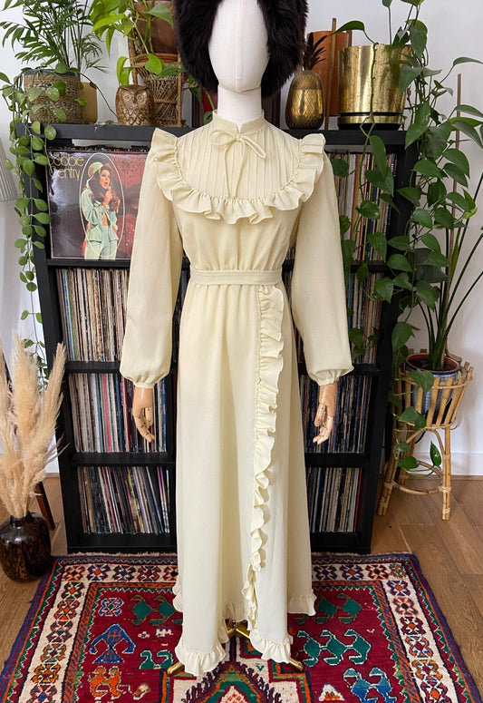 Vintage 1970s Beige Ruffle Long Prairie Dress