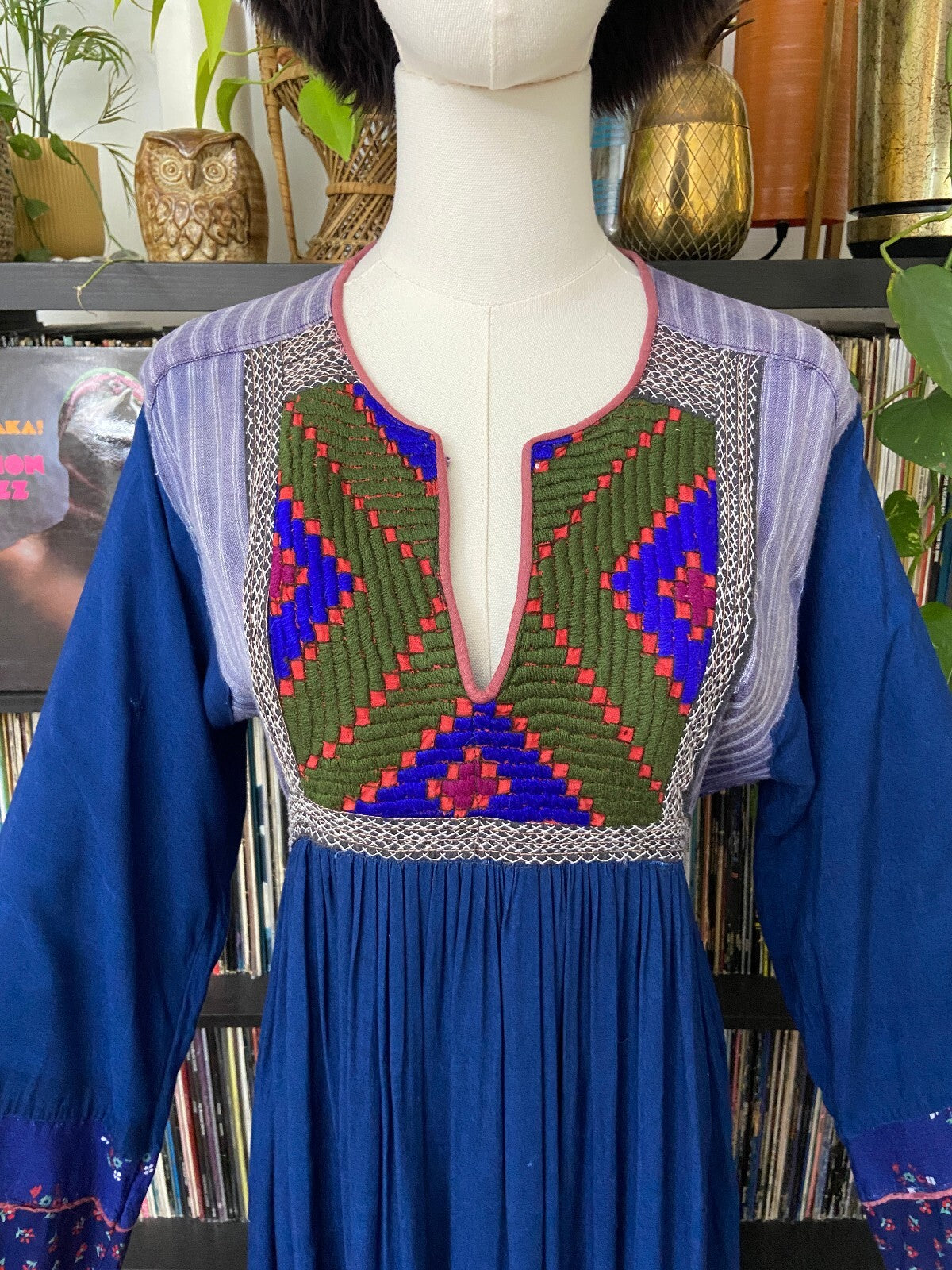 Vintage 1970s Blue & Green Bib Afghan Dress