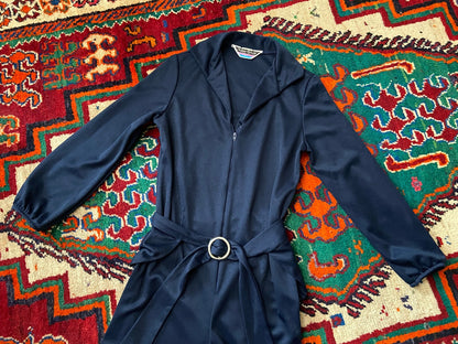 Vintage 1970s Navy Zip Up Belted Disco Jumpsuit
