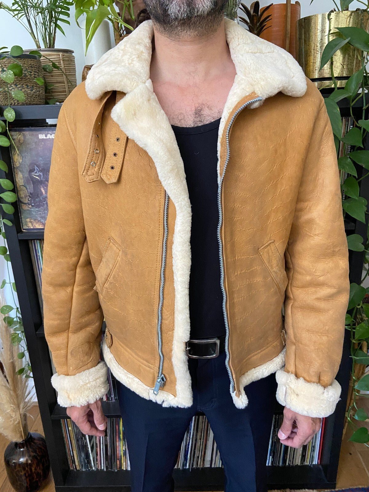 Vintage Tan Sheepskin Bomber Jacket