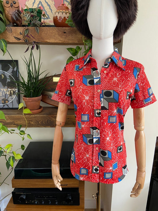 Vintage 1970s Red Geometric Print Shirt