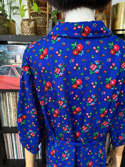 Vintage 1980s Blue Floral Folk Dress