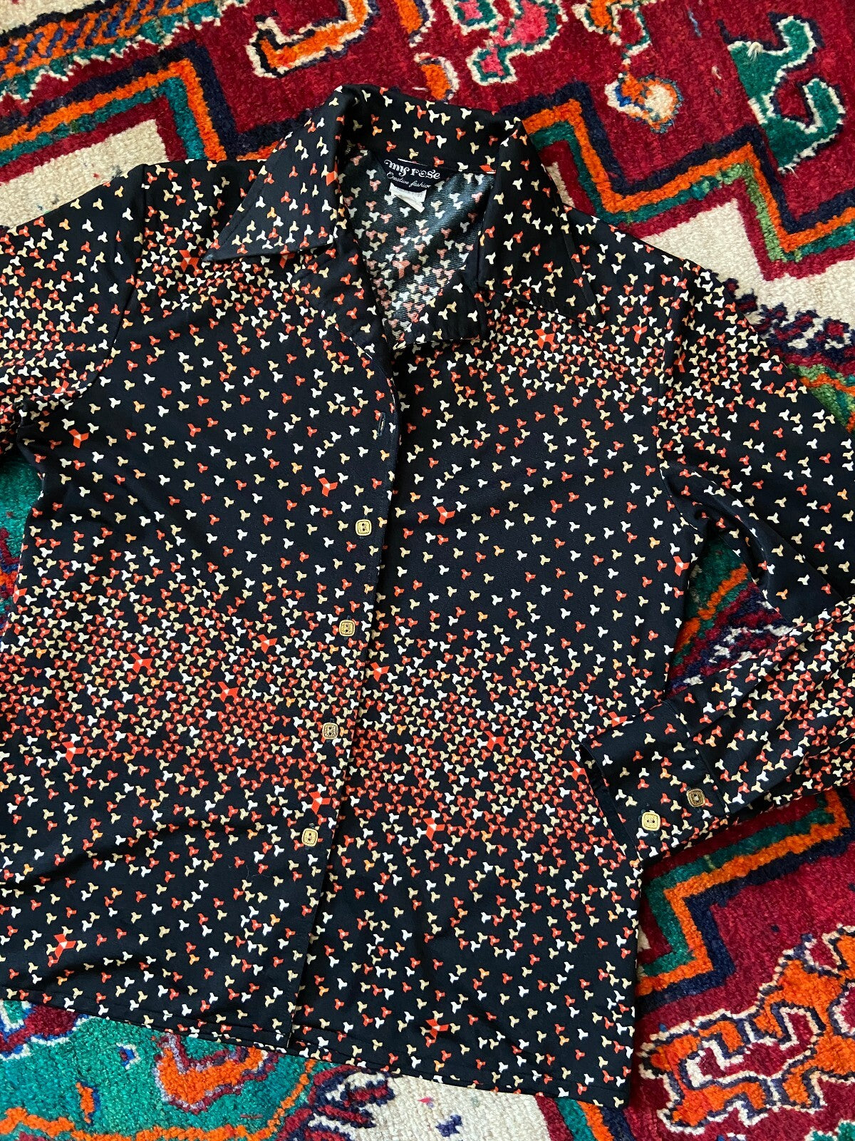 Vintage 1970s Black Printed Japanese Jersey Shirt