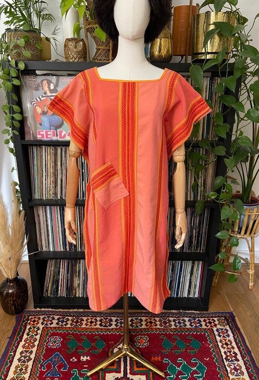 Vintage Coral Hand Woven Kaftan Dress
