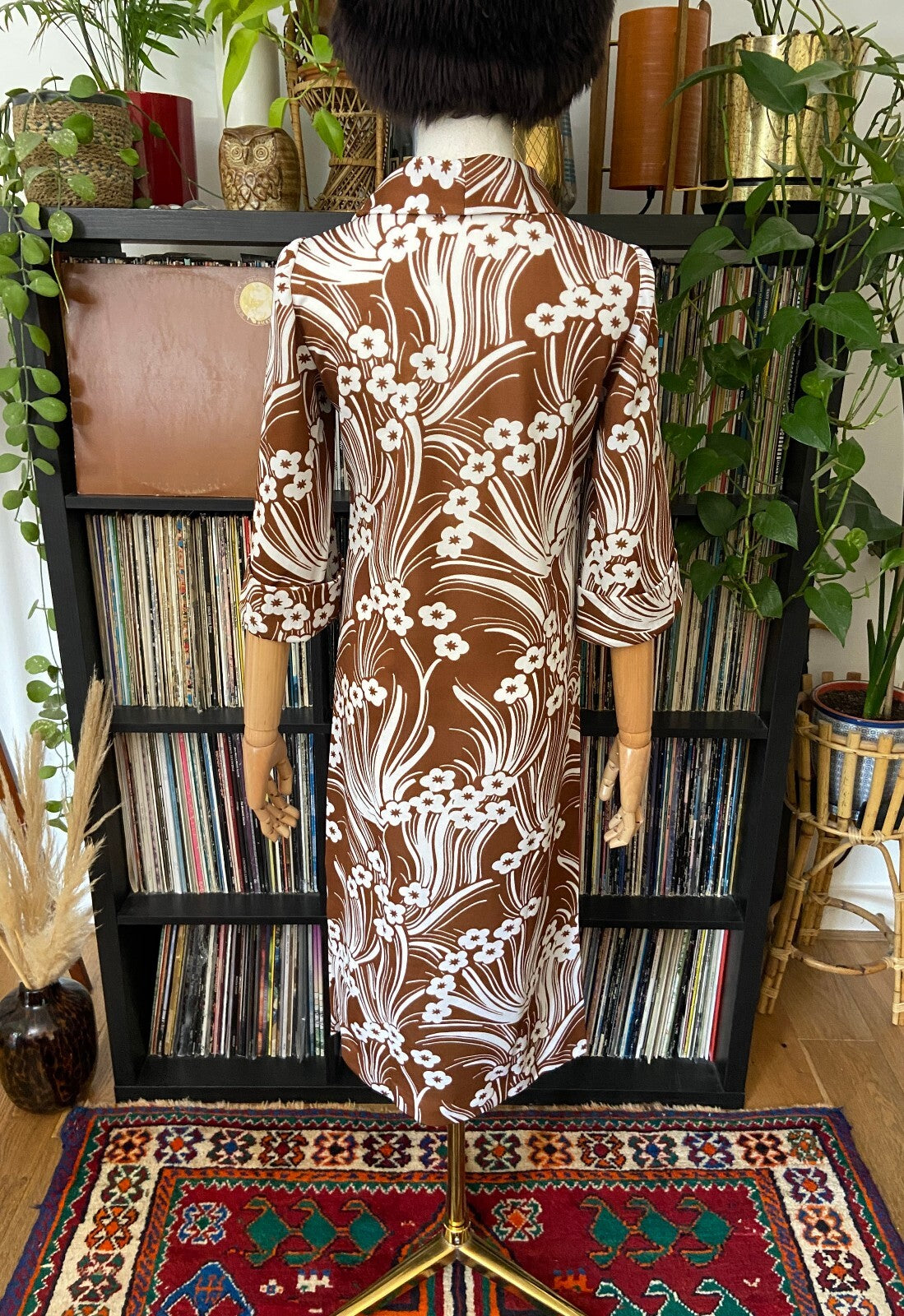 Vintage 1970s Brown & White Funnel Neck Dress