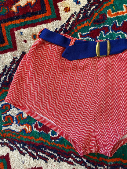 Vintage 1970s Red Chevron Belted Swim Shorts