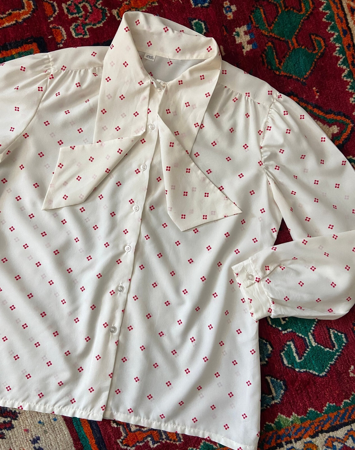 Vintage 1970s Cream & Red Pussybow Blouse