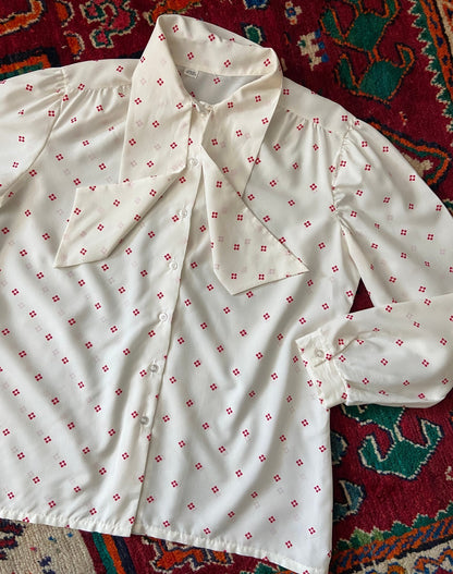 Vintage 1970s Cream & Red Pussybow Blouse