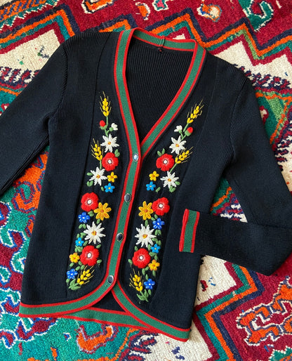 Vintage 1970s Black Austrian Folk Cardigan