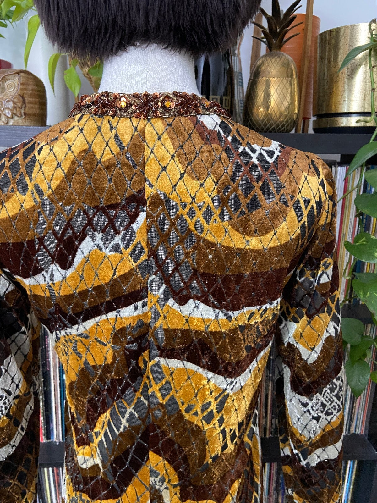 Vintage 1970s Brown & Mustard Velvet Sequin Trim Dress