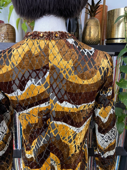 Vintage 1970s Brown & Mustard Velvet Sequin Trim Dress