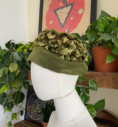 Vintage 1960s Green Velvet Textured Cocktail Hat