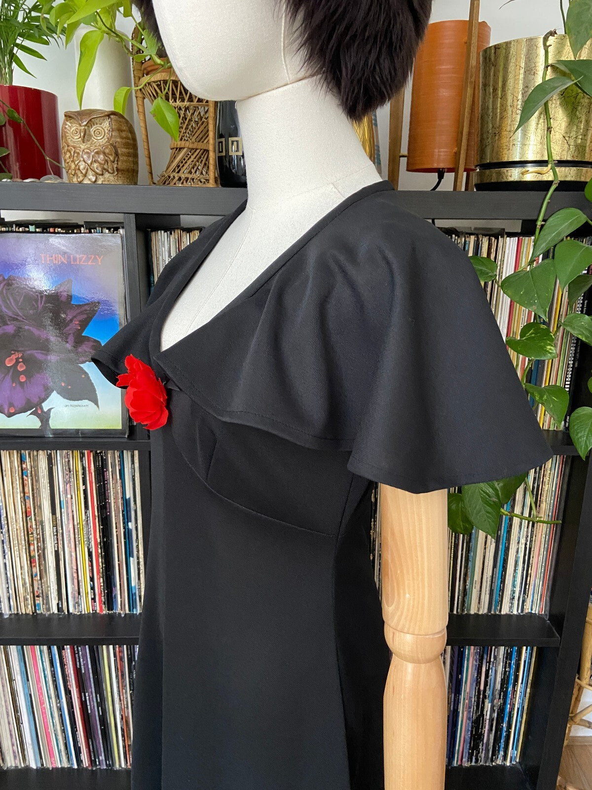 Vintage 1970s Black Flutter Cape Red Rose Maxi Dress