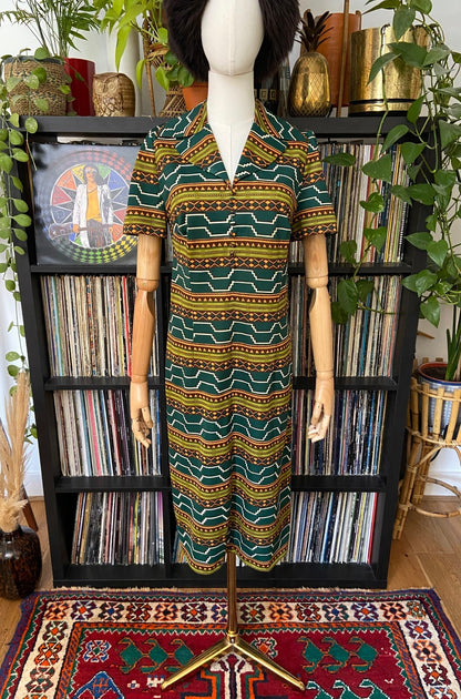 Vintage 1970s Green Geometric Print Shirt Dress