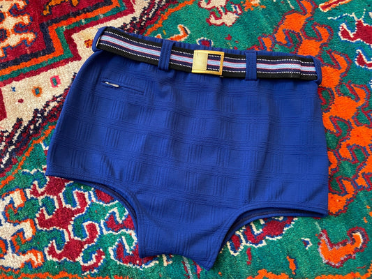 Vintage 1970s Navy Blue Belted Swim Shorts