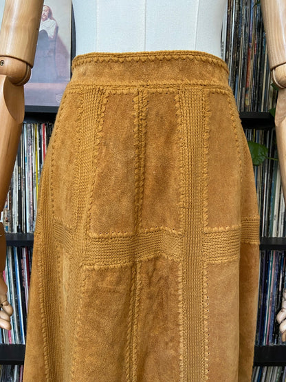 Vintage 1970s Tan Suede Patchwork Midi Skirt