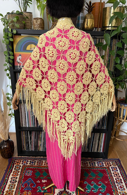 Vintage Yellow Crochet Triangle Shawl