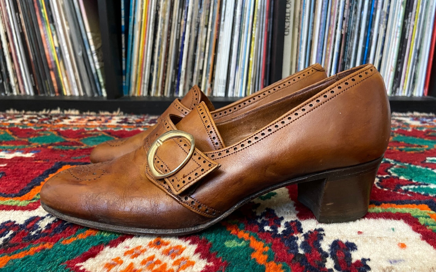 Vintage 1960s Brown Leather Block Heel Shoes UK 5 - 5.5