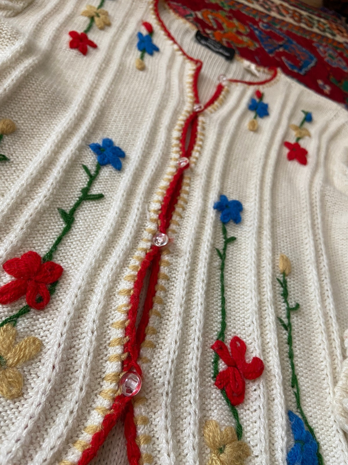 Vintage 1980s Cream Embroidered Folk Cardigan