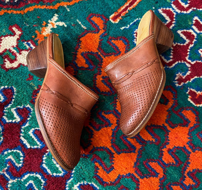 Vintage 1970s Brown Leather Mules UK 4