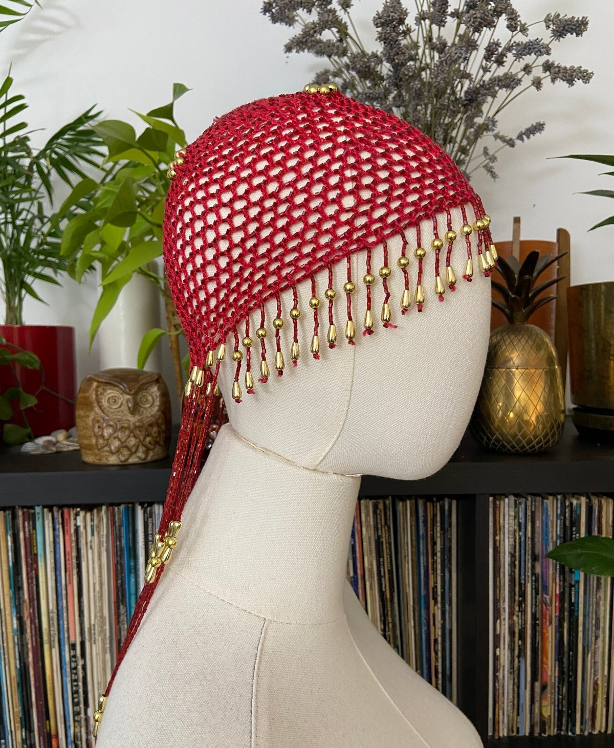 Vintage Red & Gold Crochet Tassel Cap