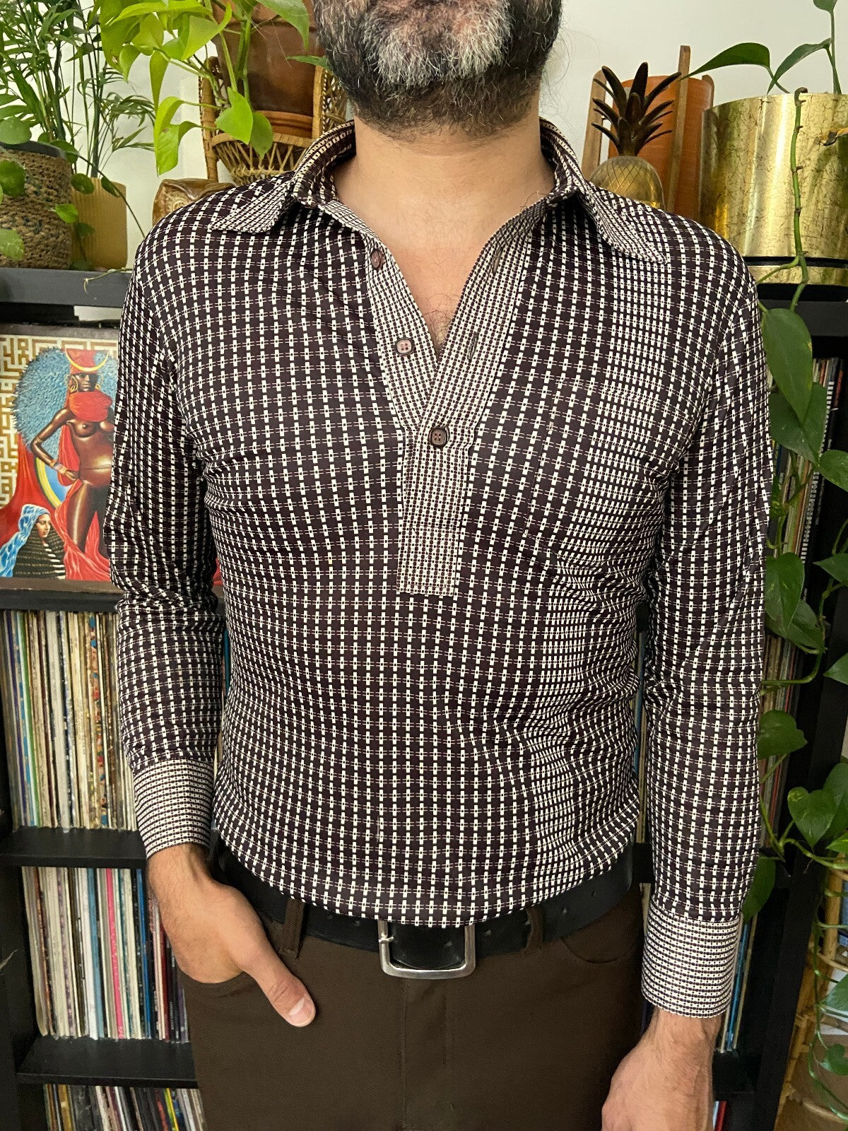 Vintage 1970s Brown Japanese Patterned Jersey Top