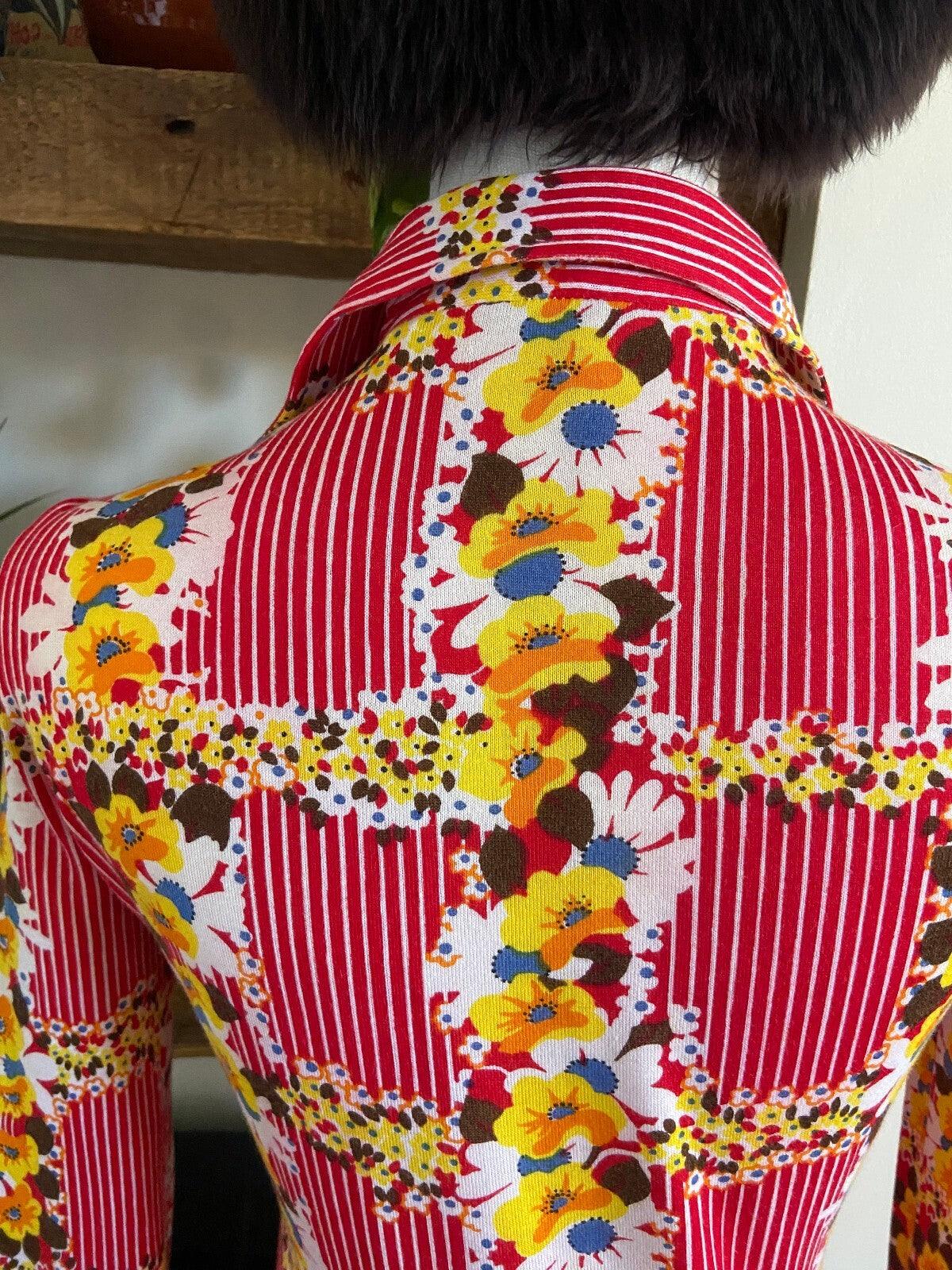 Vintage 1970s Red Striped & Yellow Floral Shirt