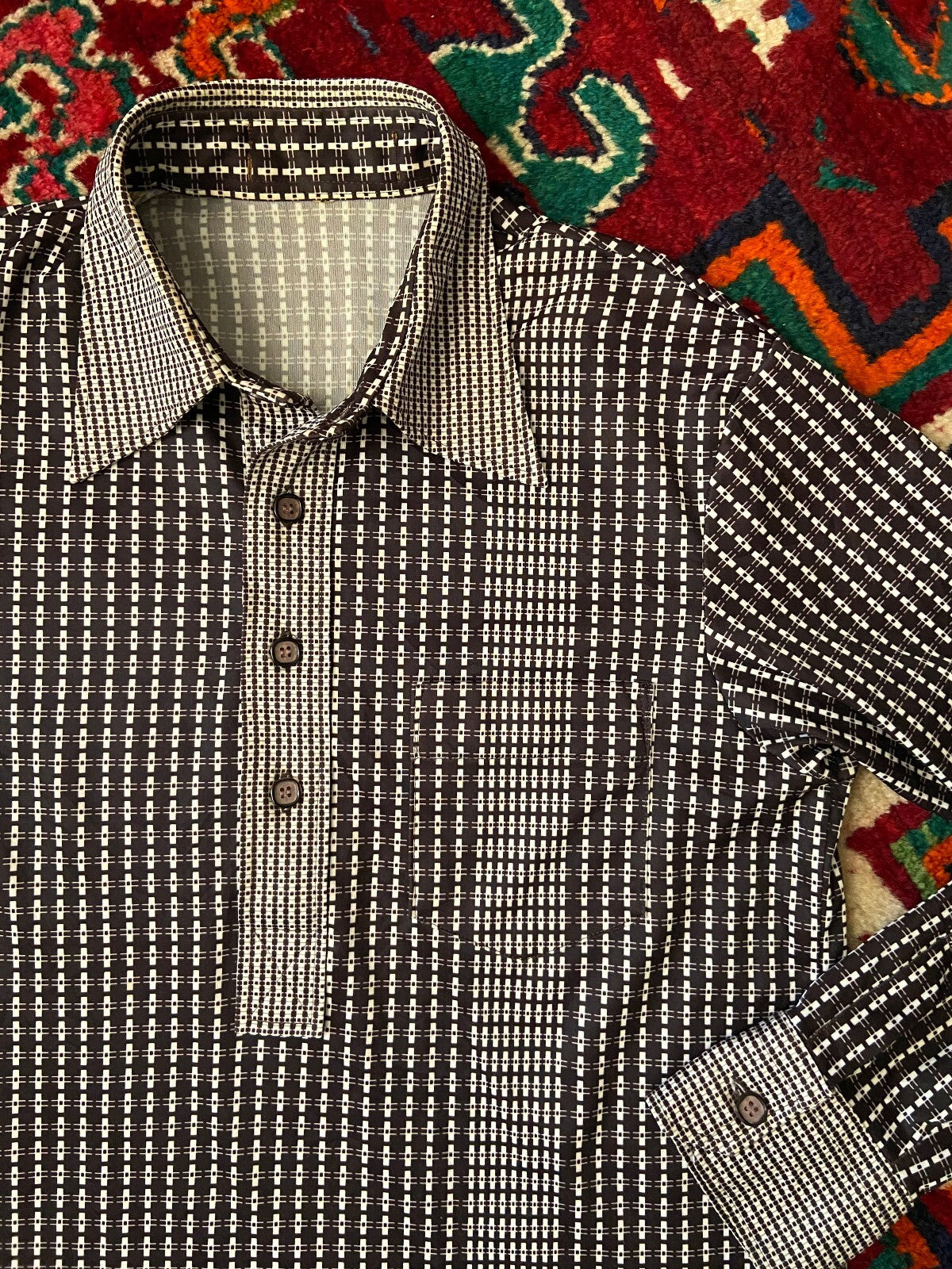 Vintage 1970s Brown Japanese Patterned Jersey Top