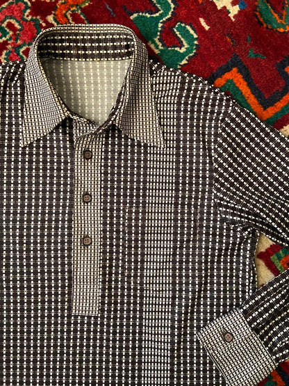 Vintage 1970s Brown Japanese Patterned Jersey Top