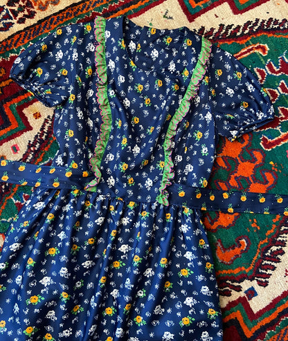Vintage 1970s Navy Folk Maxi Dress