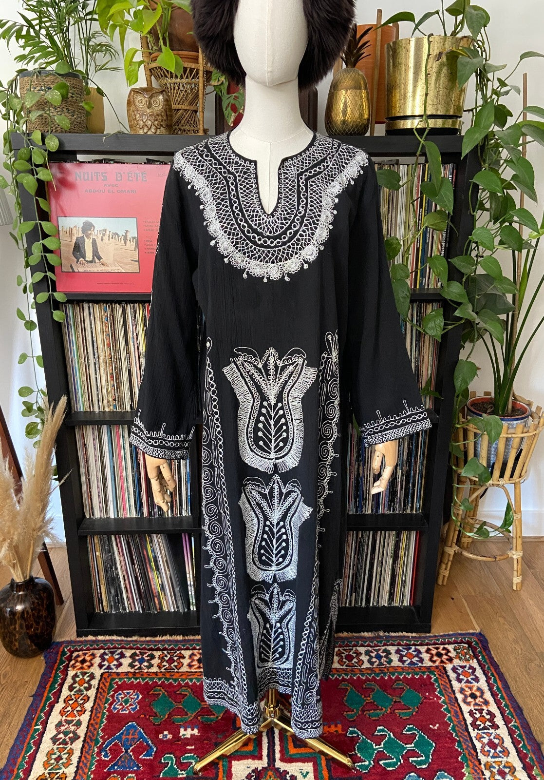 Vintage 1970s Black & Silver Embroidered Kaftan