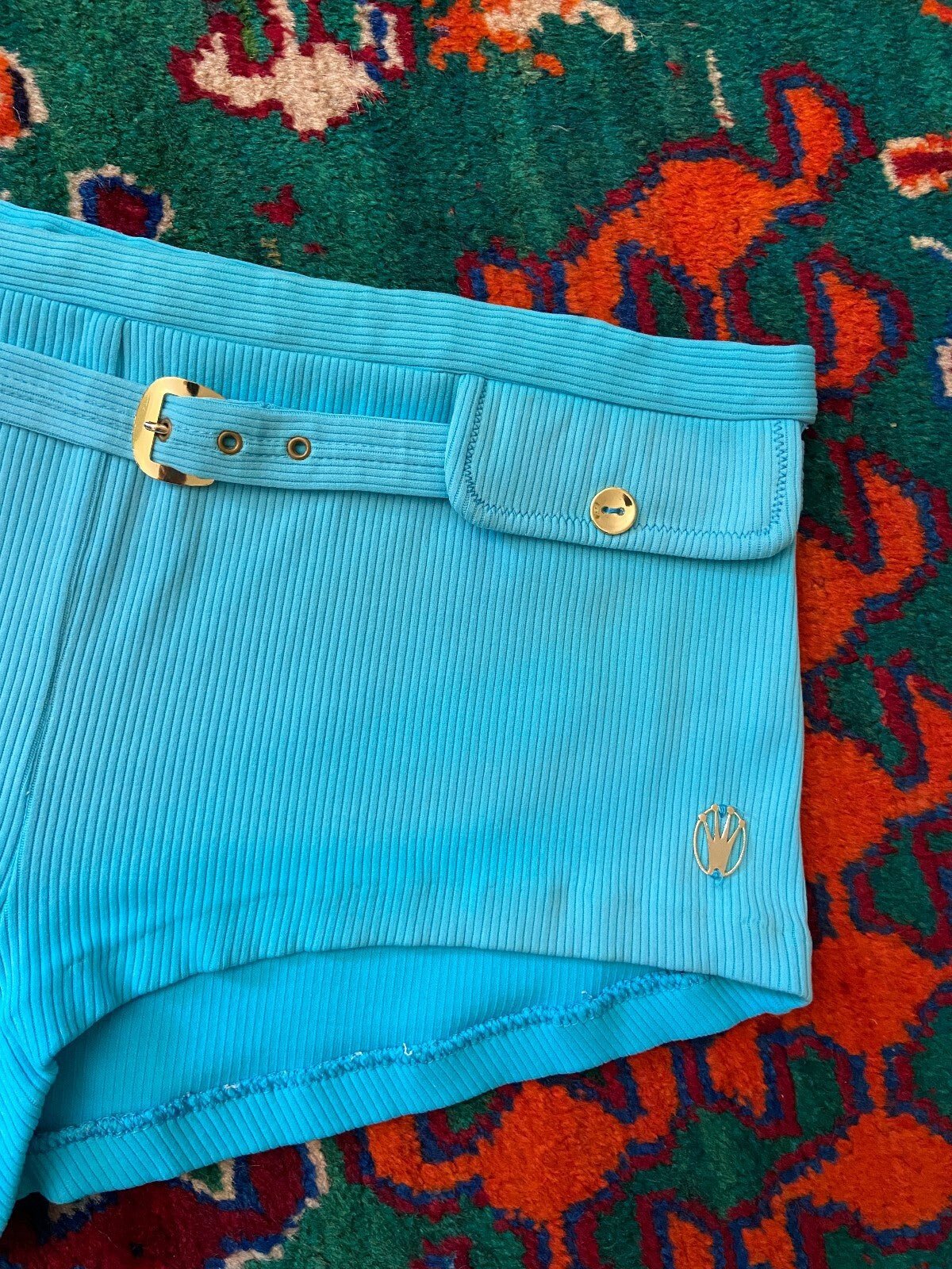 Vintage 1970s Turquoise Belted Swim Shorts