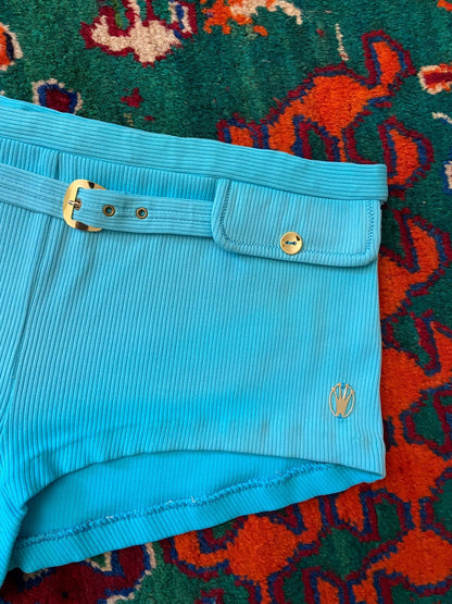 Vintage 1970s Turquoise Belted Swim Shorts