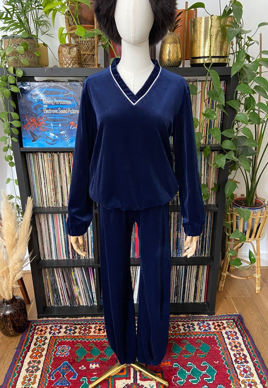 Vintage 1970s Navy Velour Two-Piece Tracksuit