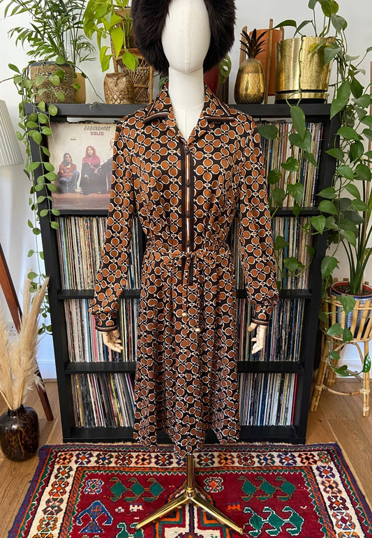 Vintage 1970s Brown Retro Print Shirt Dress