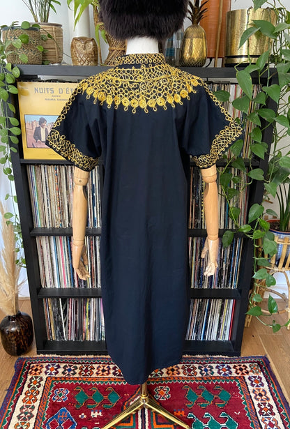 Vintage 1970s Black & Gold Embroidered Kaftan
