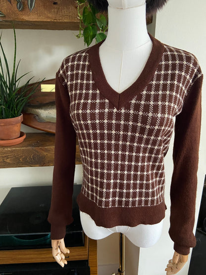 Vintage 1970s Brown V-Neck Jumper