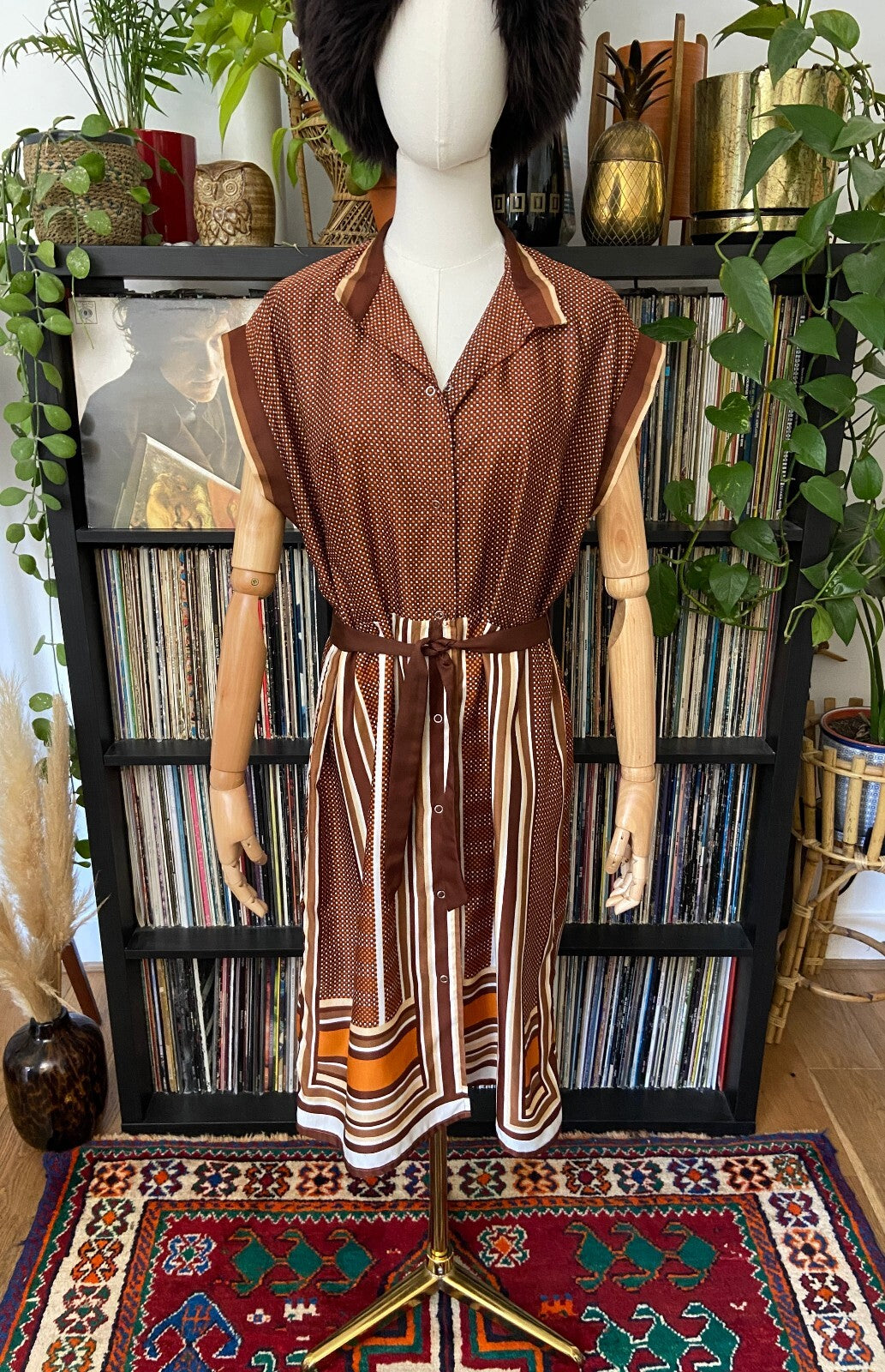 Vintage 1980s Brown Geometric Print Shirt Dress