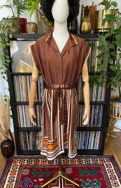 Vintage 1980s Brown Geometric Print Shirt Dress