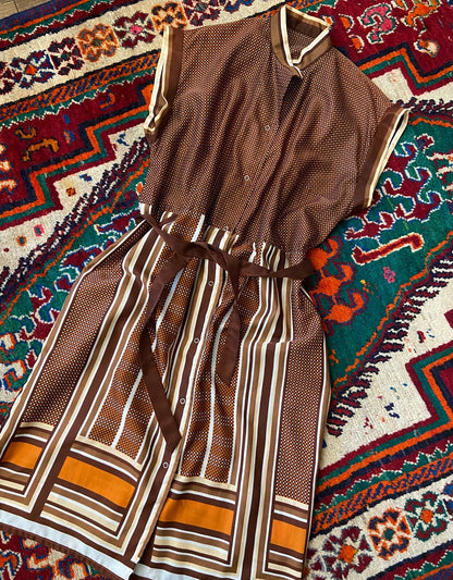 Vintage 1980s Brown Geometric Print Shirt Dress