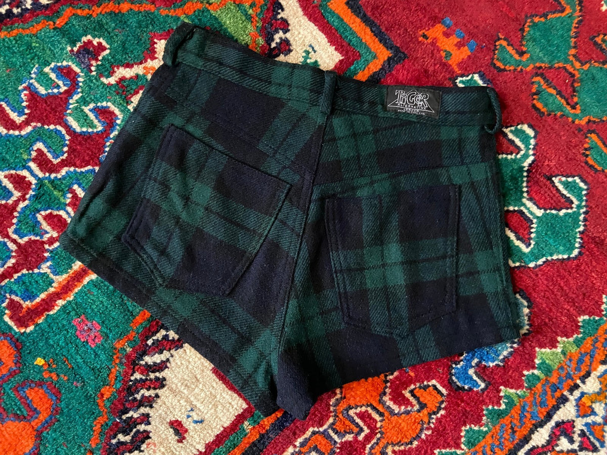 Vintage 1980s Navy & Green Tartan Hot Pants