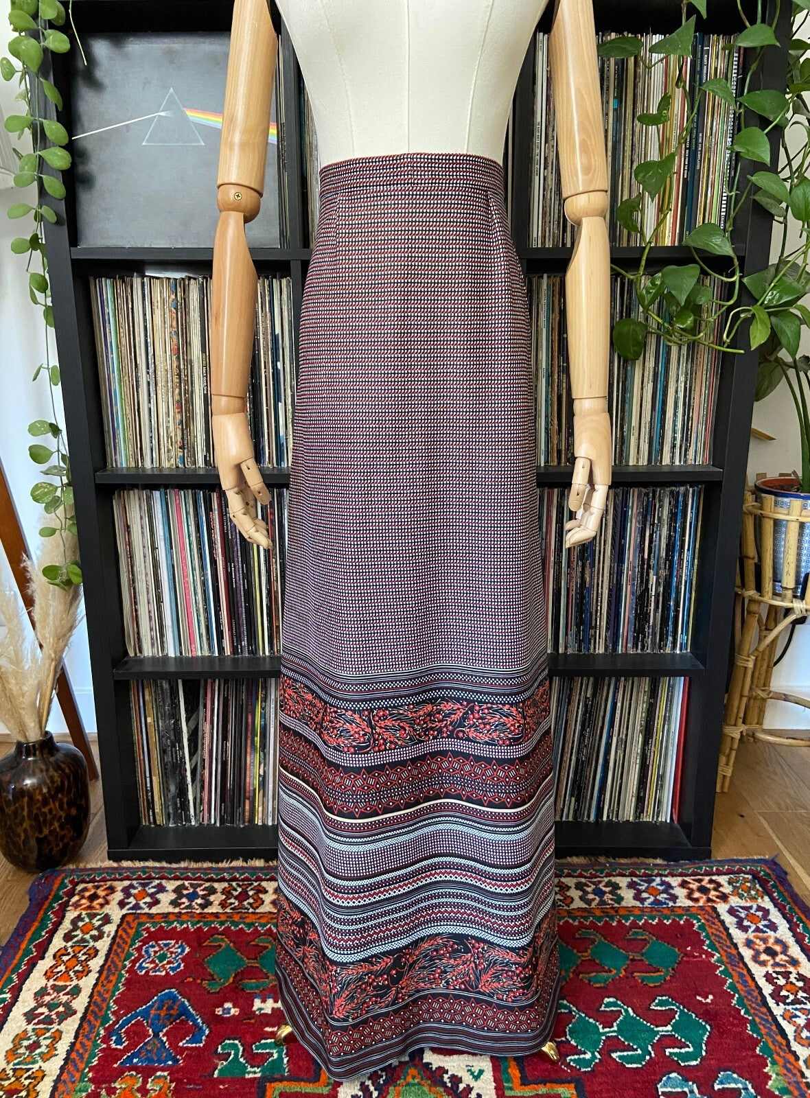 Vintage 1970s Red & Black Folk Maxi Skirt