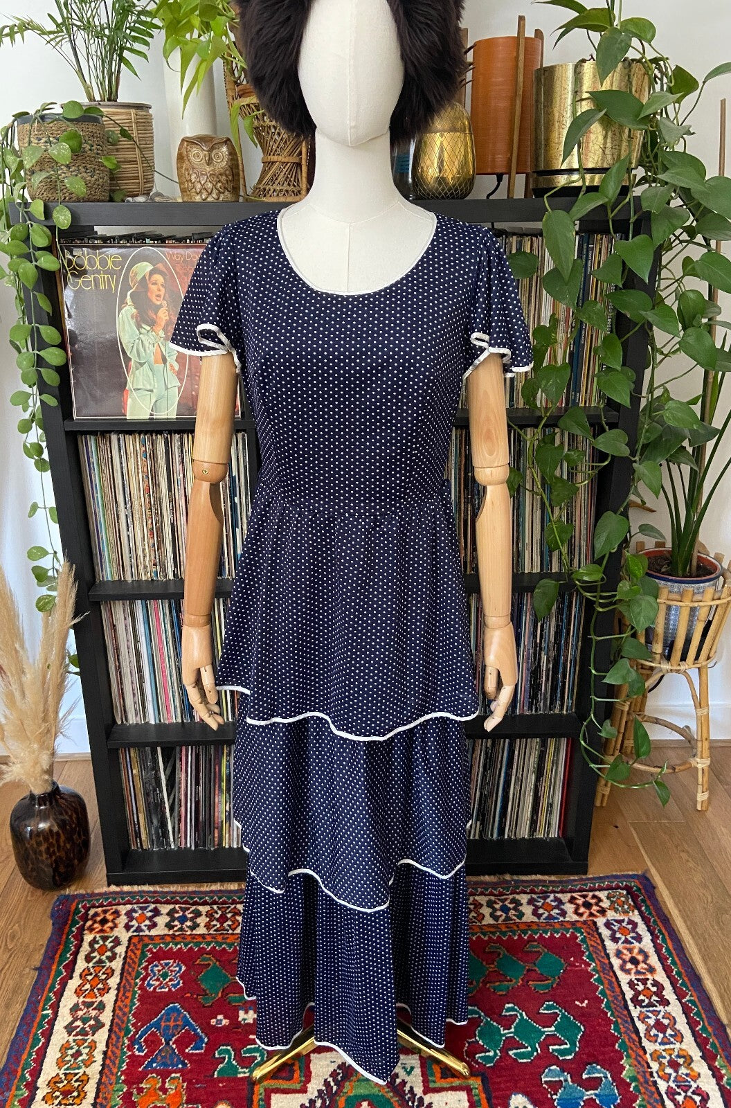 Vintage 1970s Navy Polka Dot Layered Dress