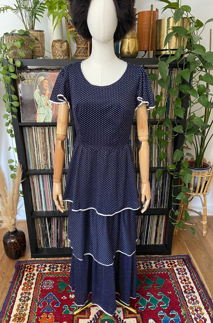 Vintage 1970s Navy Polka Dot Layered Dress