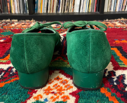 Vintage 1970s Green Suede Mary Janes UK 5