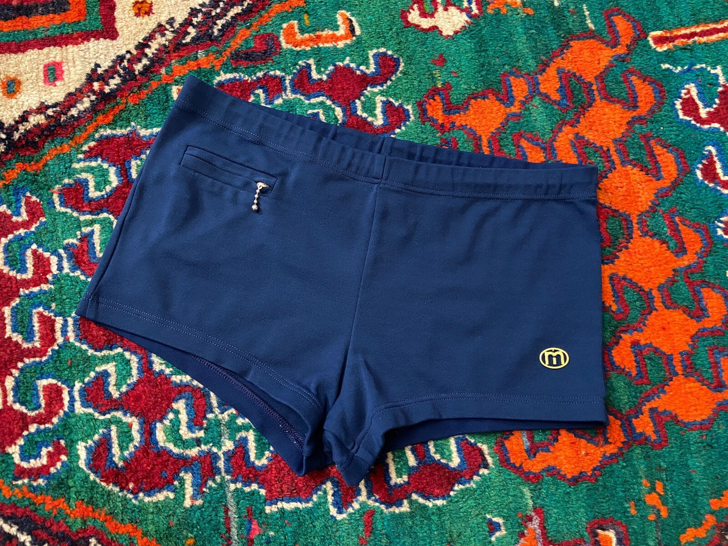 Vintage 1970s Navy Blue Zip Pocket Swim Shorts
